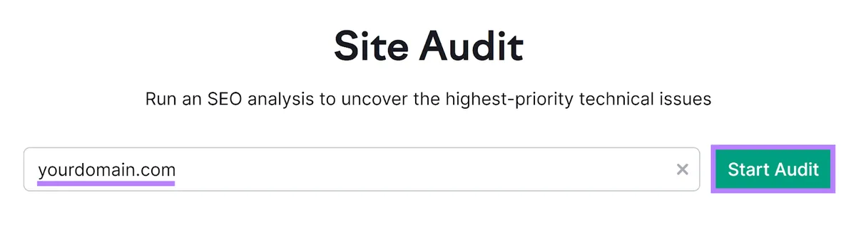 Semrush Site Audit 起始页,突出显示域名输入框和“Start Audit”按钮
