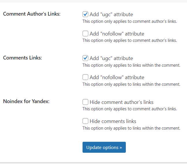 UGC Comments 插件，为“Comments Links”区块勾选“Add ‘ugc’ attribute”框