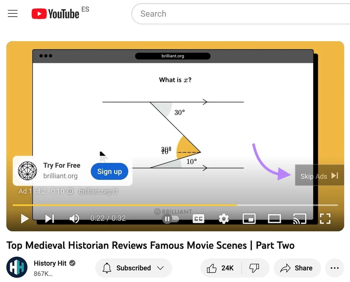 YouTube 上的可跳过插播广告
