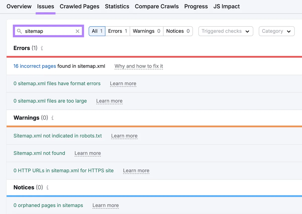 在 Site Audit 中搜索 sitemap，列出错误页面、格式错误、未找到或孤立页面等问题