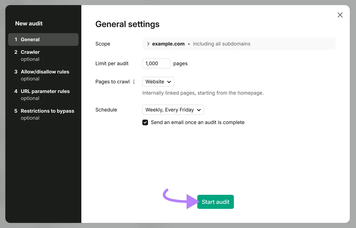 Semrush Site Audit 设置,含抓取范围、页面上限、每周计划和 Start audit 按钮