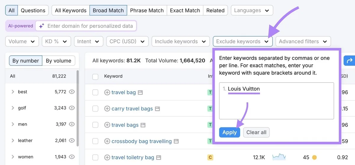 在 Keyword Magic Tool 上点击了“Exclude keywords”，输入了“Louis Vuitton”，并点击了“Apply”。