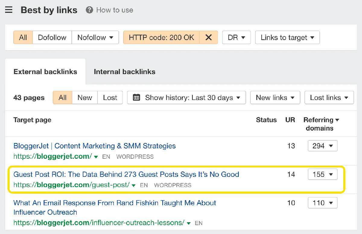 Ahrefs Site Explorer 中 Best by links 报告截图,展示某博客的外部反向链接