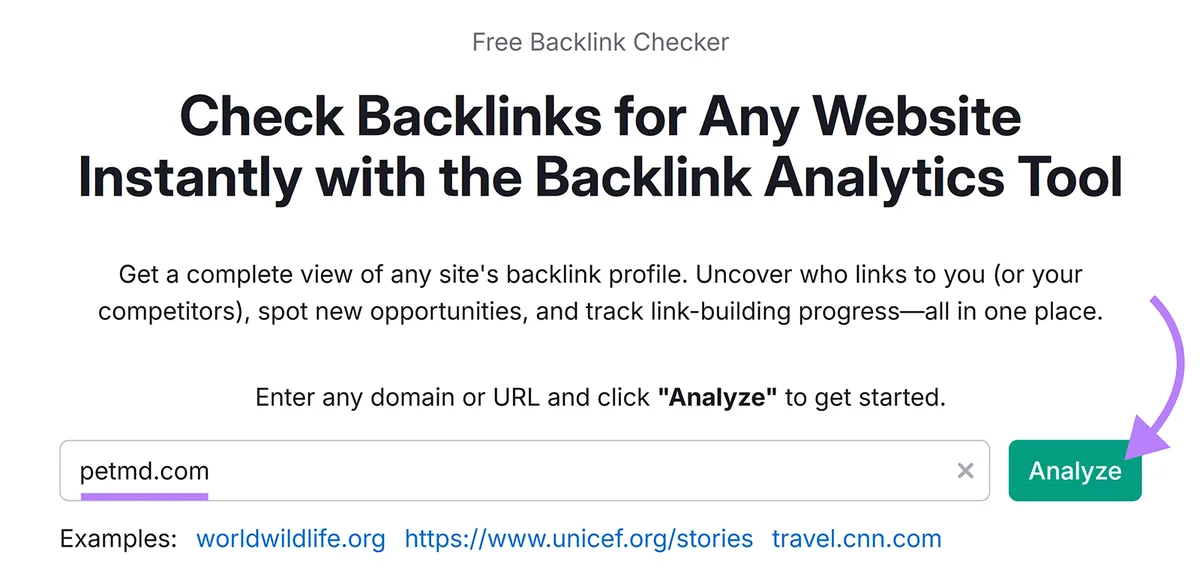 Backlinks 起始界面，已输入域名，箭头指向“Analyze”按钮。