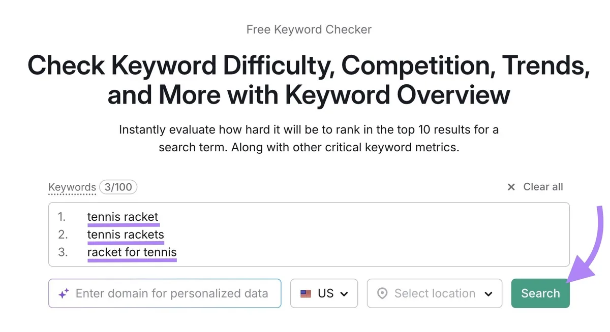 Keyword Overview 工具，已输入三个种子关键词并点击“Search”。