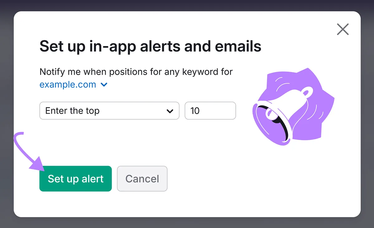 用于设置关键词提醒的弹窗，箭头指向“Set up alert”按钮。