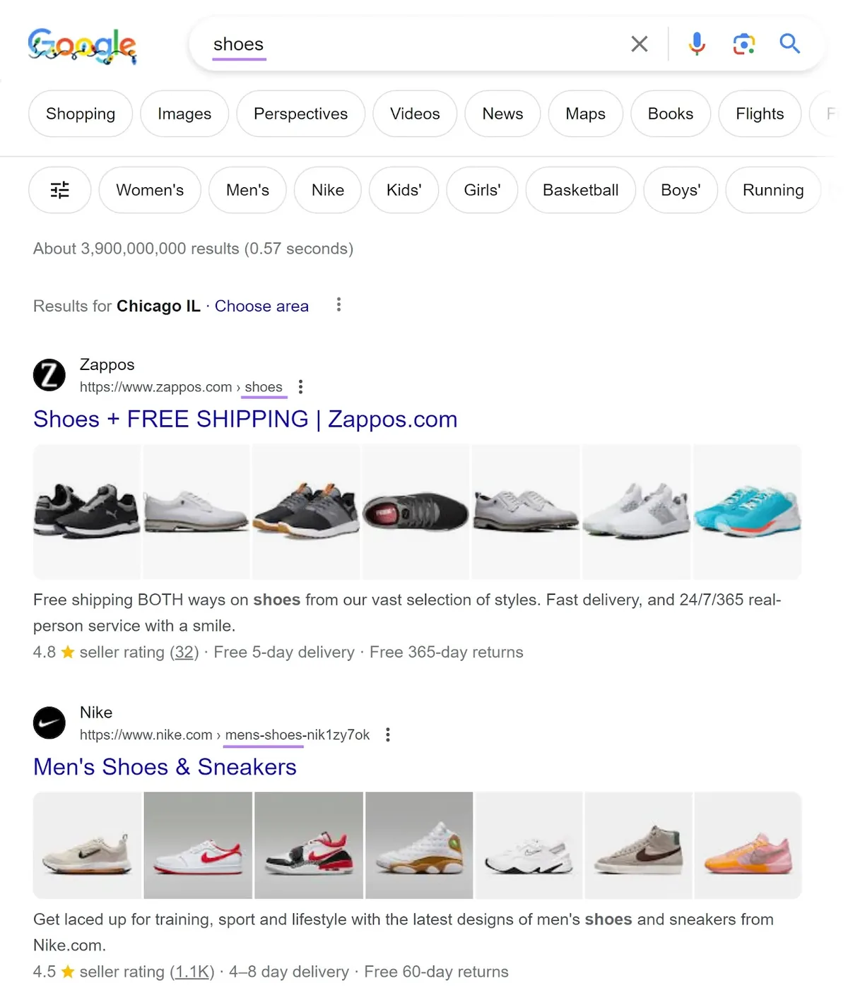 “shoes”的 Google 搜索结果页面,结果中的分类页面已高亮显示