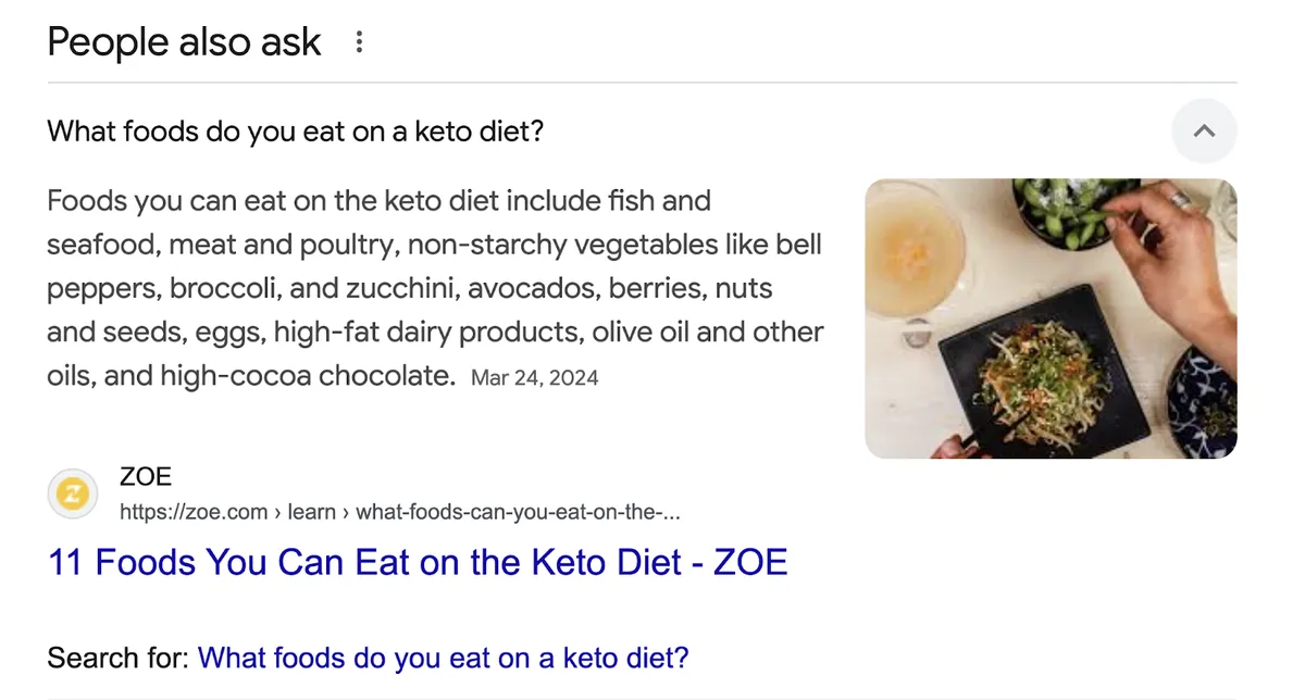 为回答“what foods do you eat on a keto diet”，回答写道“Foods you eat on the keto diet include fish and seafood, meat and poultry, non-starchy vegetables..”，并以段落形式继续