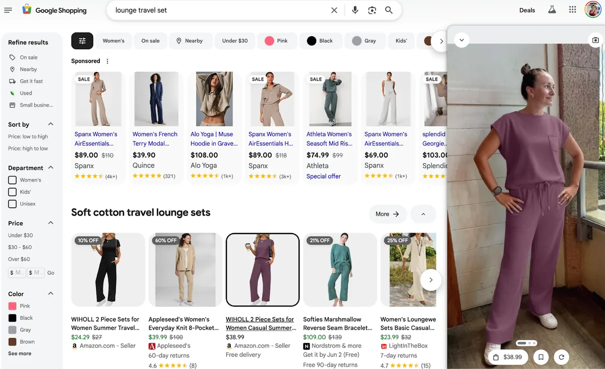 Google 购物的“try it on”AI 功能,用于休闲旅行套装