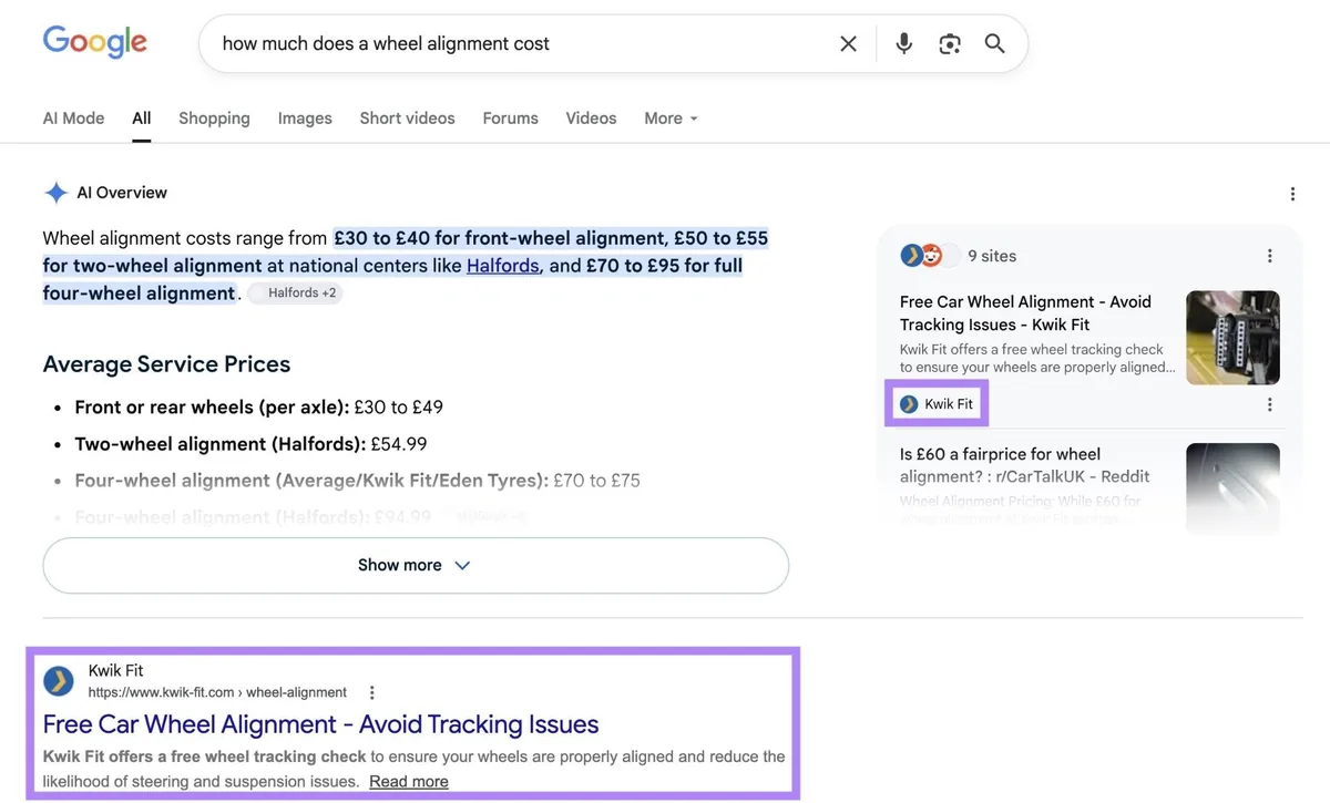 Google 搜索结果页面显示某页面被 AI 概览部分引用，并排名为顶部自然结果。