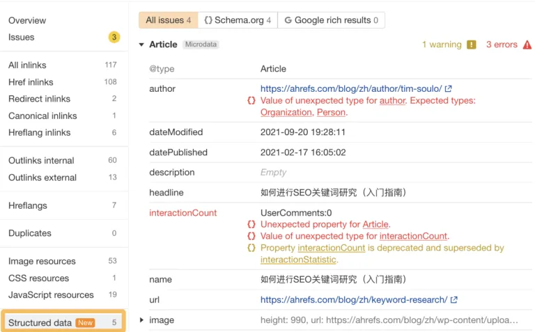 结构化数据报表，来自 Ahrefs Site Audit