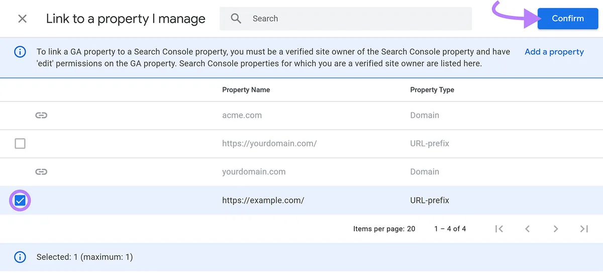 Property 选择界面,已勾选网站,箭头指向 Confirm