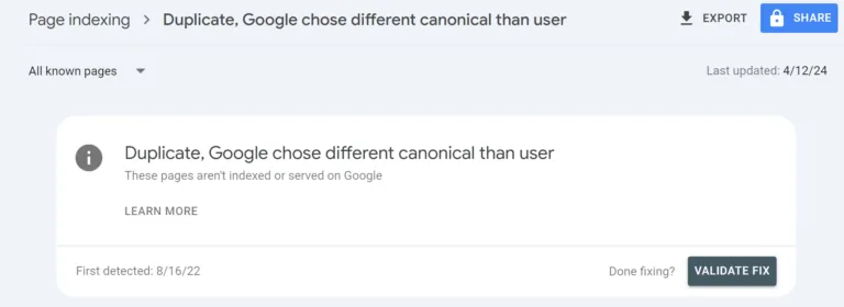 GSC 页面索引报告中的“重复,Google 选择了与用户不同的 canonical”错误