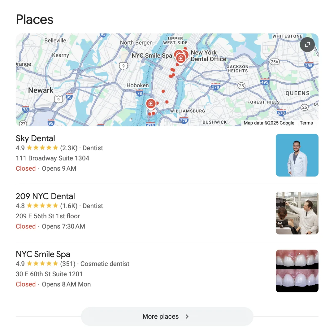 Google Assistant 上“What's the best dentist in New York?”搜索的 Google 本地包结果