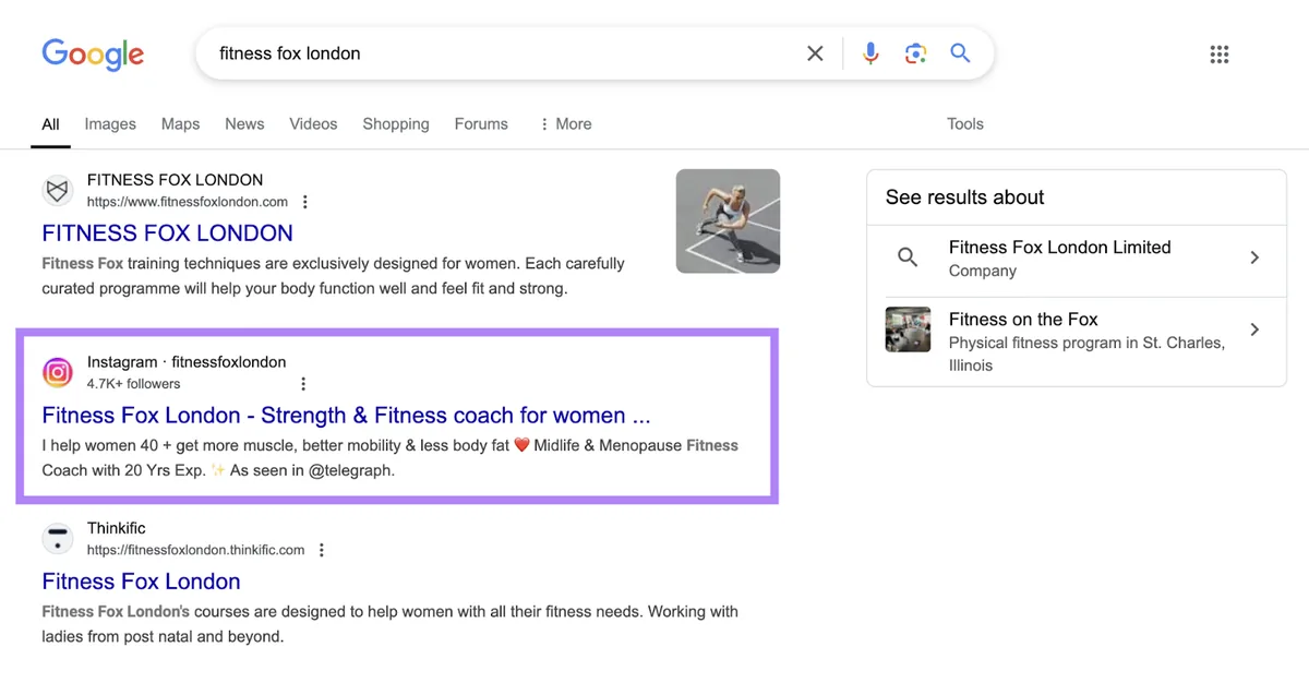 Google 搜索结果页面显示某个 Instagram 资料为第二条自然结果。