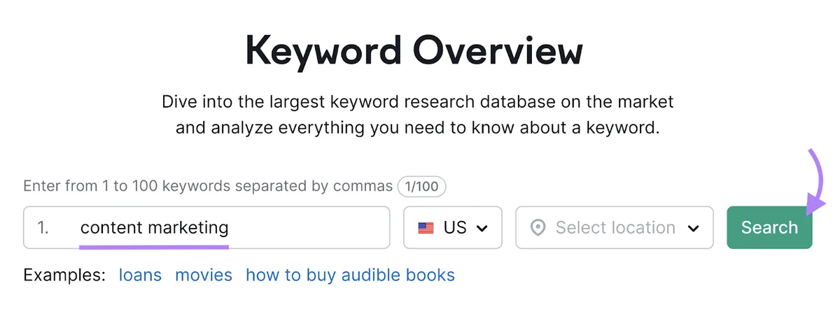 在 Keyword Overview 工具中输入的“content marketing”