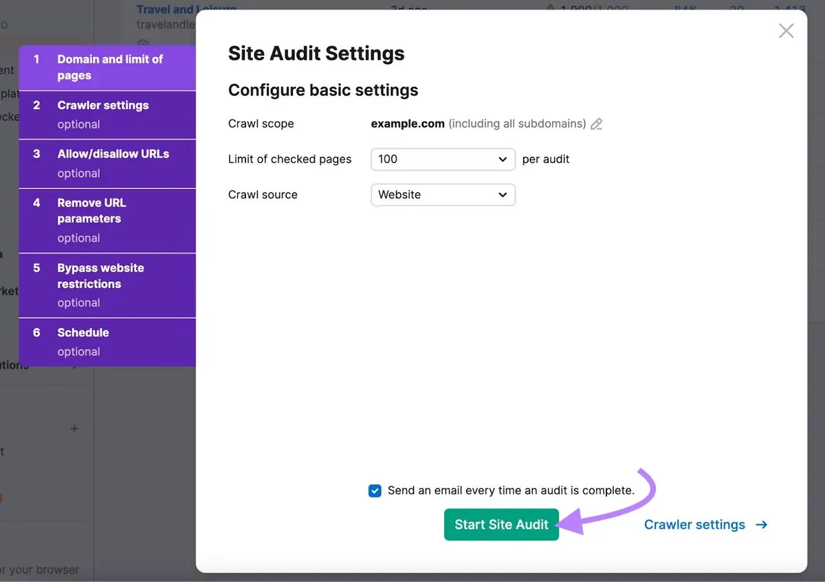 Site Audit Settings 页面,用于选择抓取范围、来源和检查页面数量,并点击“Start Site Audit”