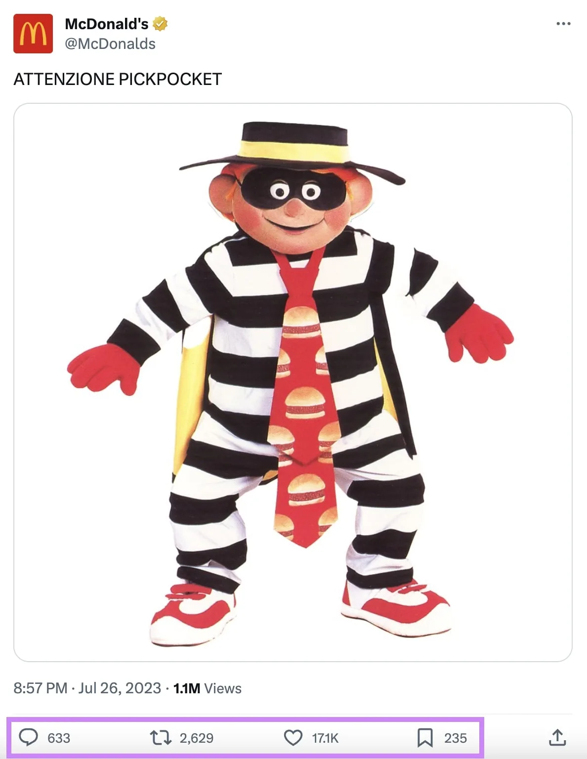 McDonald's 在 X 上发布的“ATTENZIONE PICKPOCKET”帖子，突出显示互动指标