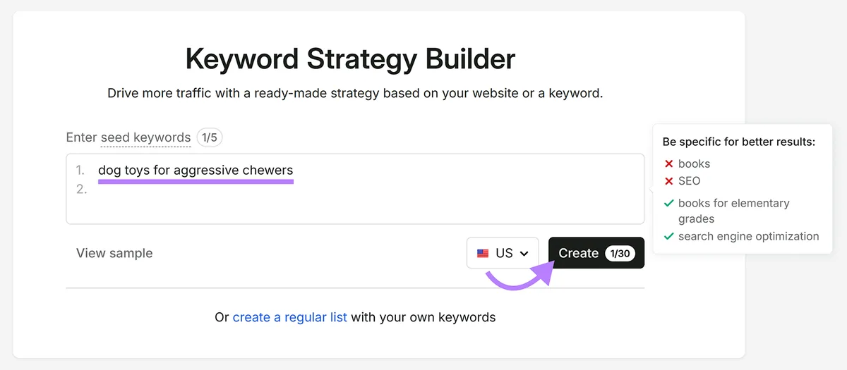 Semrush Keyword Strategy Builder 已输入“dog toys for aggressive chewers”作为种子关键词以创建策略