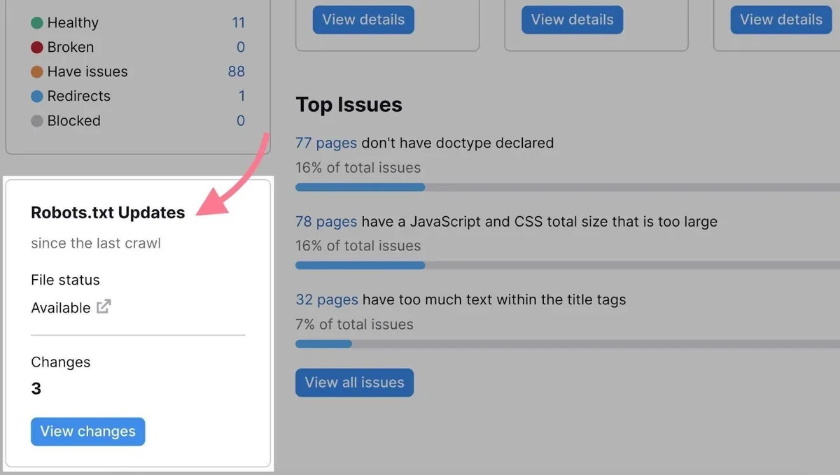 Site Audit 概览上突出显示的“Robots.txt Updates”框